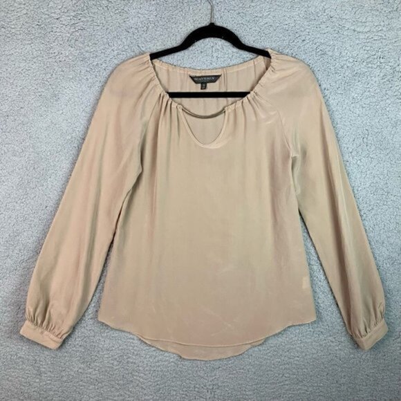 Waverly Grey Womens Blouse Beige Bishop Sleeve Keyhole Neck Ruched 100% Silk XS - Picture 7 of 9